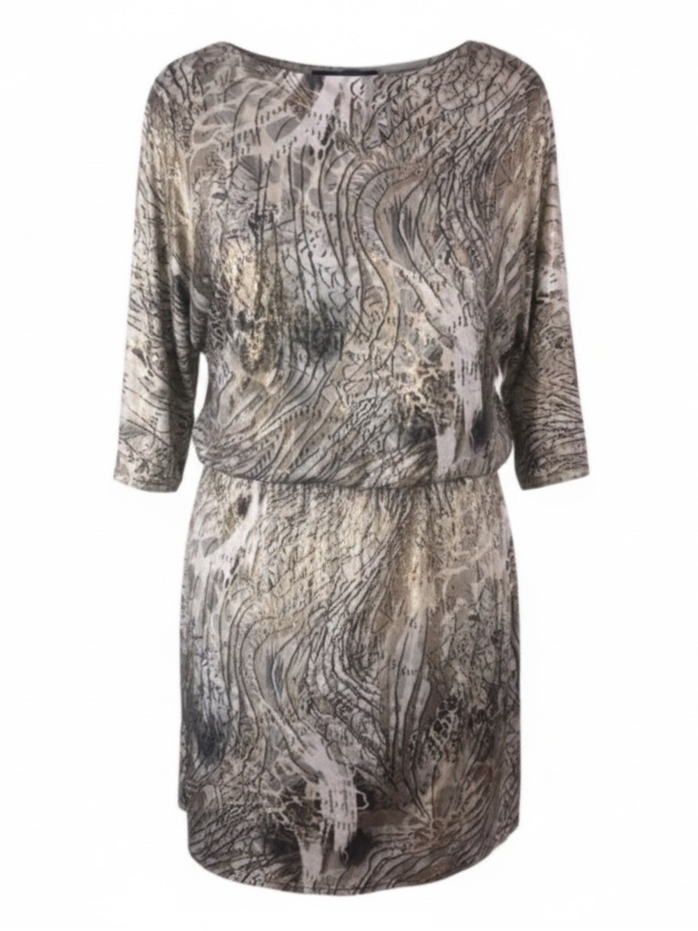 MSK 8 grey & gold metallic stretch belted gold sequin 3/4 sleeve boat neck dress